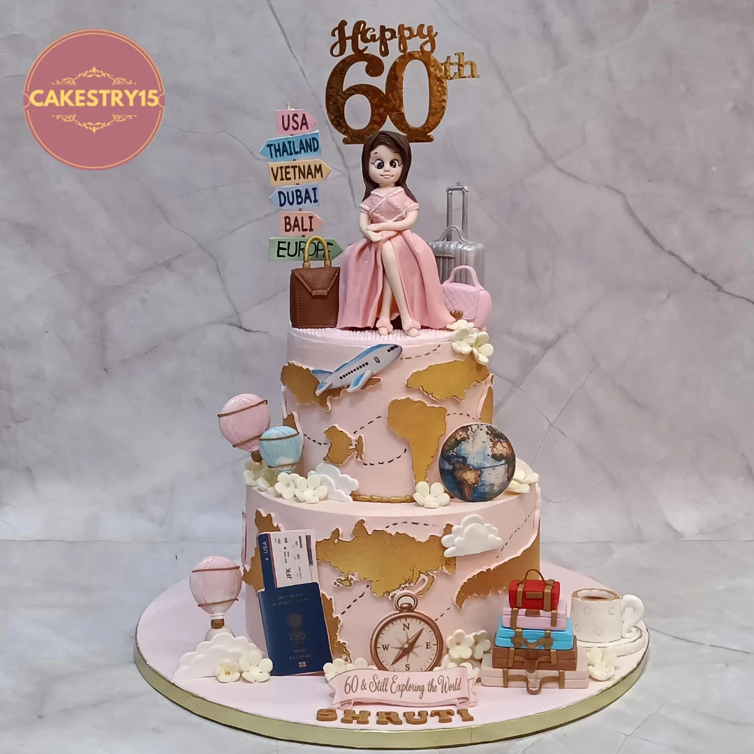 Premium kids birthday cake inspired by world travel, handcrafted as a theme cake Noida with fresh eggless cakes and detailed travel decorations.