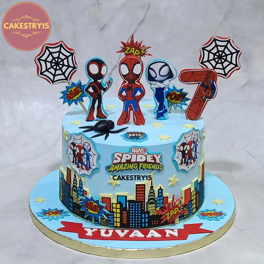2kg chocolate Spiderman birthday cake from Cakestry15 with edible images of Spidey, city buildings, and cobwebs for a 7th birthday celebration in Noida
