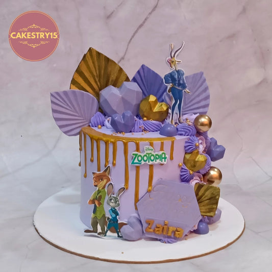 Premium Zootopia kids birthday cake with lavender icing and edible character images, handcrafted as a theme cake Noida using fresh eggless cakes.