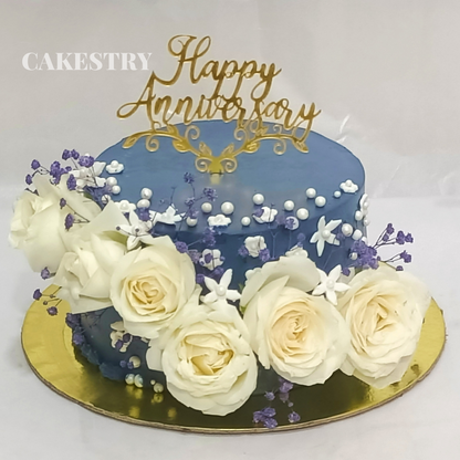 Happy Anniversary Floral 1kg Chocolate Cake by cakestry15,noida,cake top angle image