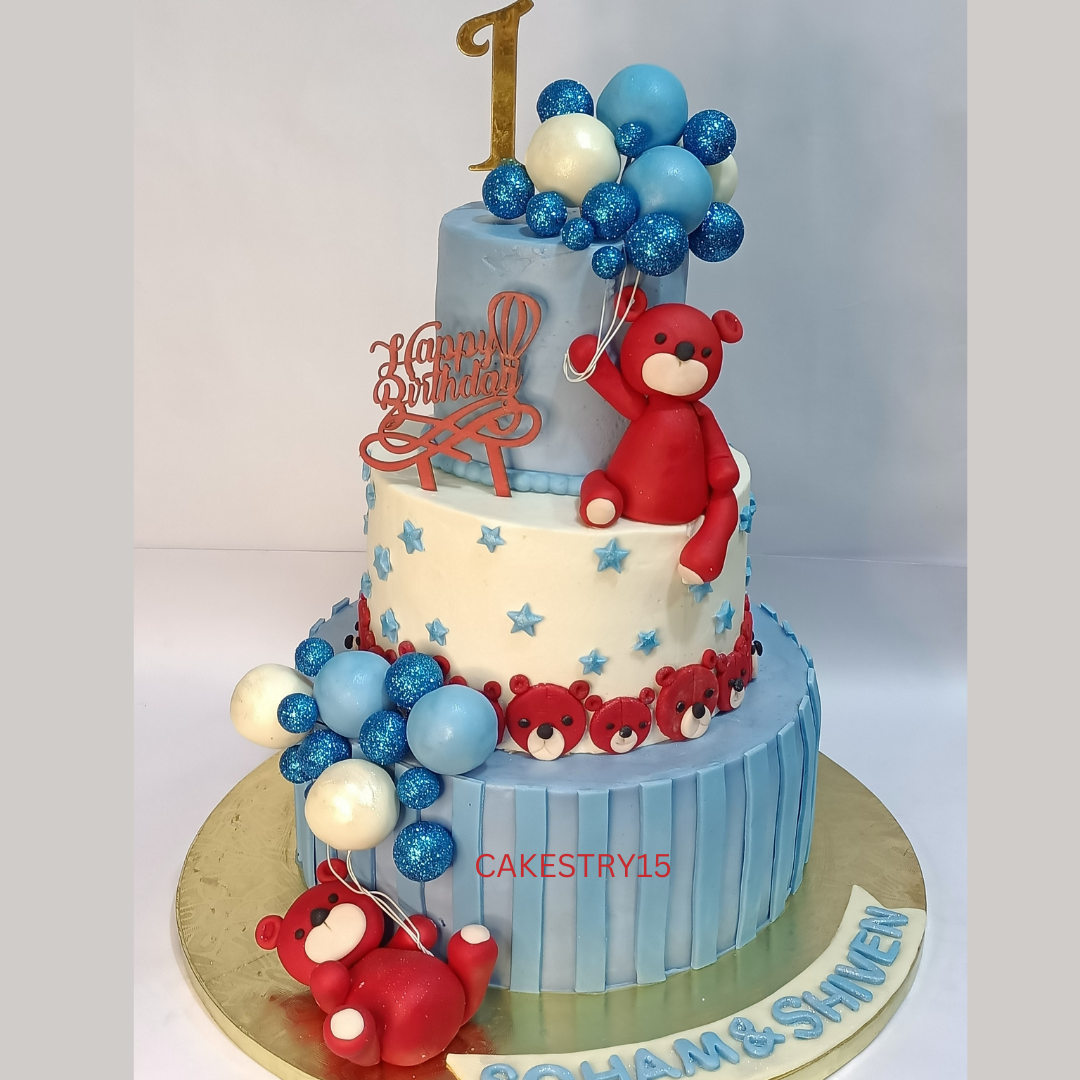 Happy Birthday Red Teddy 5kg 3tier chocolate first birthday Cake for twins by cakestry15,noida,cake close up image