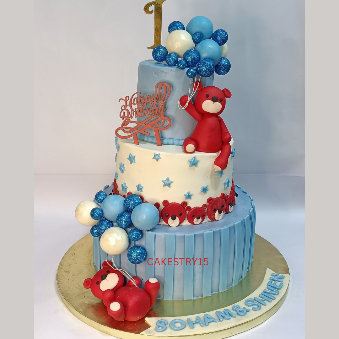 Happy Birthday Red Teddy 5kg 3tier chocolate first birthday Cake for twins by cakestry15,noida,cake full image