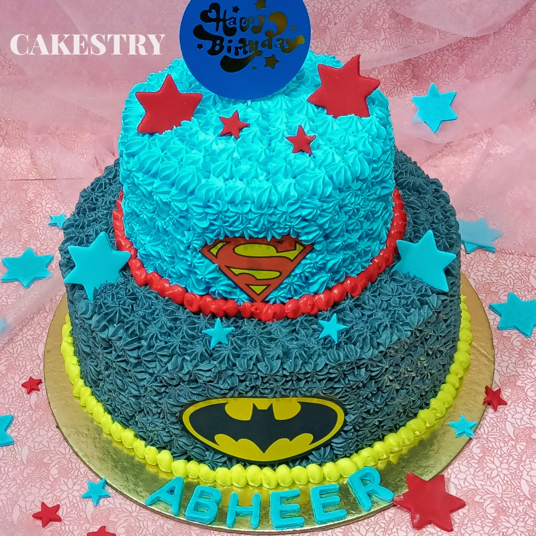 Superhero Theme 2 Tier 3kg chocolate birthday Cake by cakestry15 noida,cake top angle image